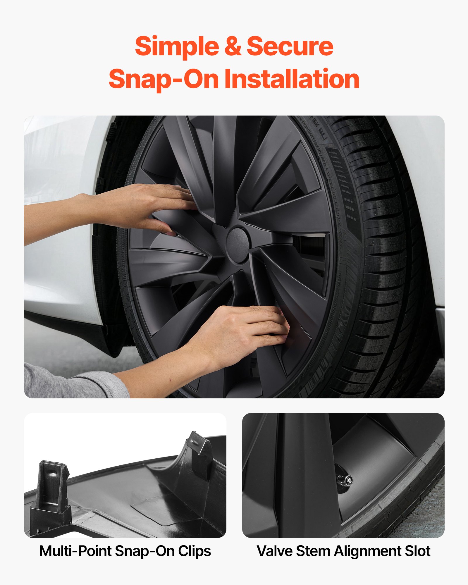 VEVOR 19" (48 cm) Matte Black 10-Spoke ABS Hubcaps for 2025 Tesla Model Y, Set of 4 OEM Style Snap-On Wheel Covers — изображение 4
