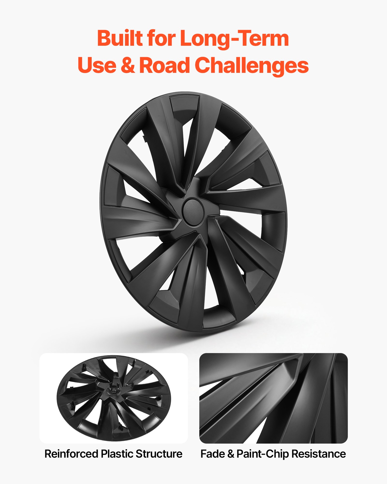 VEVOR 19" (48 cm) Matte Black 10-Spoke ABS Hubcaps for 2025 Tesla Model Y, Set of 4 OEM Style Snap-On Wheel Covers — изображение 6