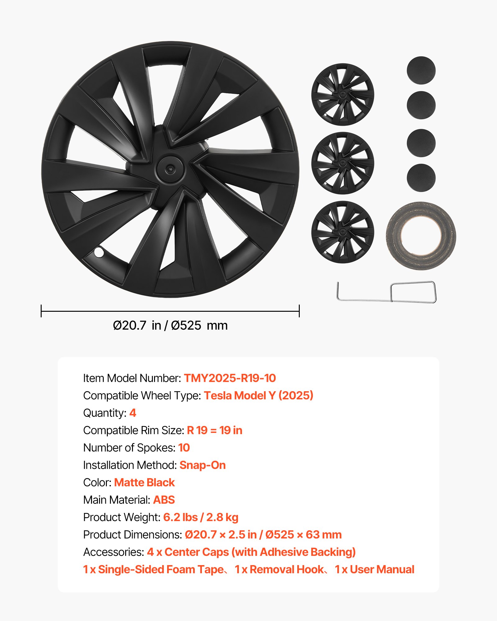 VEVOR 19" (48 cm) Matte Black 10-Spoke ABS Hubcaps for 2025 Tesla Model Y, Set of 4 OEM Style Snap-On Wheel Covers — изображение 7