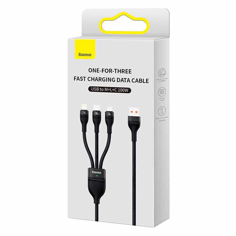 3in1 USB cable Baseus Flash Series, USB-C + micro USB + Lightning, 100W, 1.2m (black) - Image 8