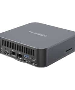 Compact gray mini PC with front-facing ports (HDMI, USB, Ethernet) and a vented side panel, shown at an angle.