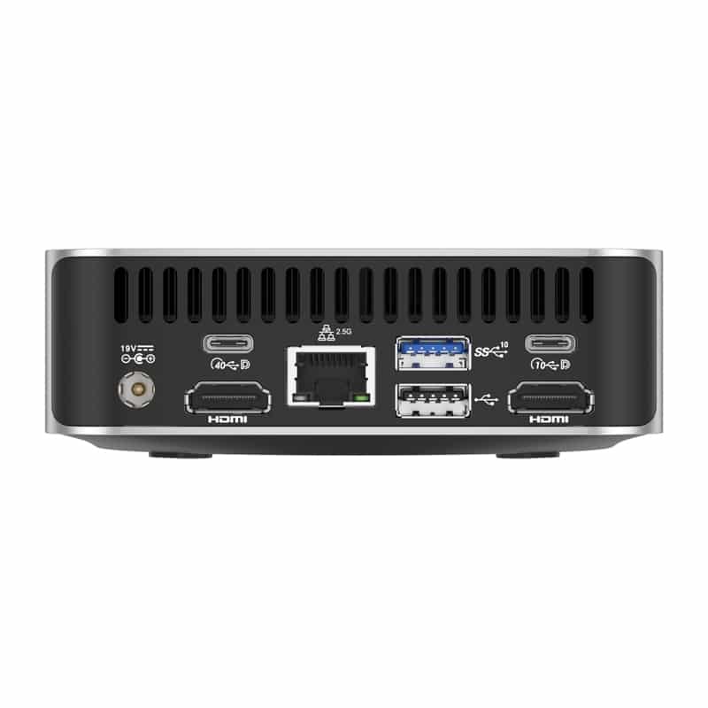 Задня панель міні-ПК з входом живлення 19В, подвійними виходами HDMI, Ethernet, і двома портами USB 3.0.