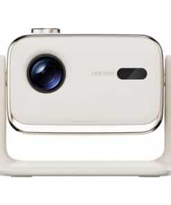 AURZEN portable projector resting on a white curved stand, lens facing left.