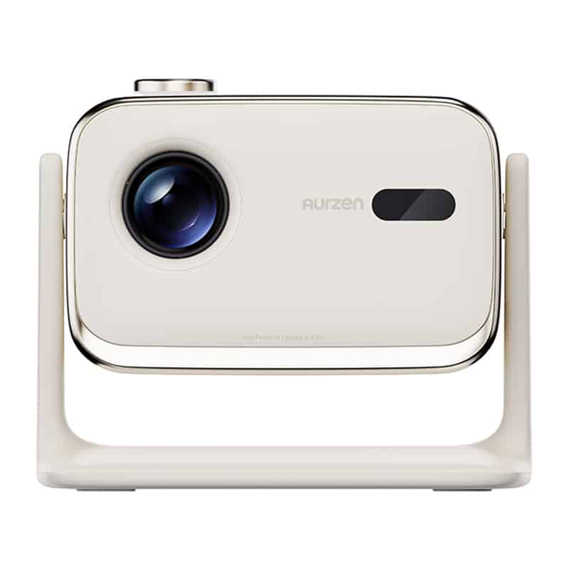 AURZEN portable projector resting on a white curved stand, lens facing left.