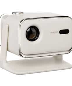 Compact white portable projector mounted on a curved stand, angled slightly downward, with lens visible.