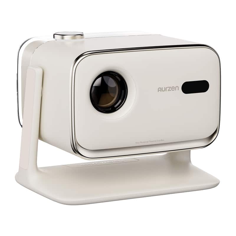 Compact white portable projector mounted on a curved stand, angled slightly downward, with lens visible.