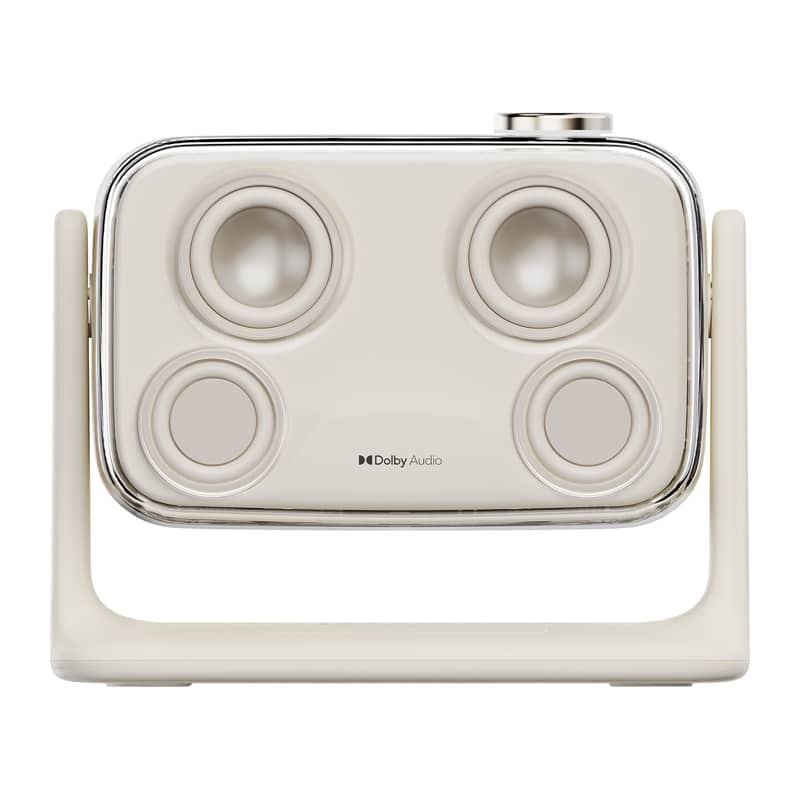 White four-lens camera mounted on a beige stand with Dolby Audio branding on the front.