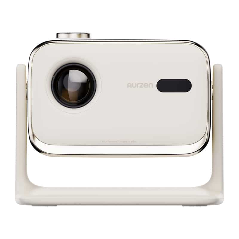 White compact projector attached to a white stand, lens on the left side.