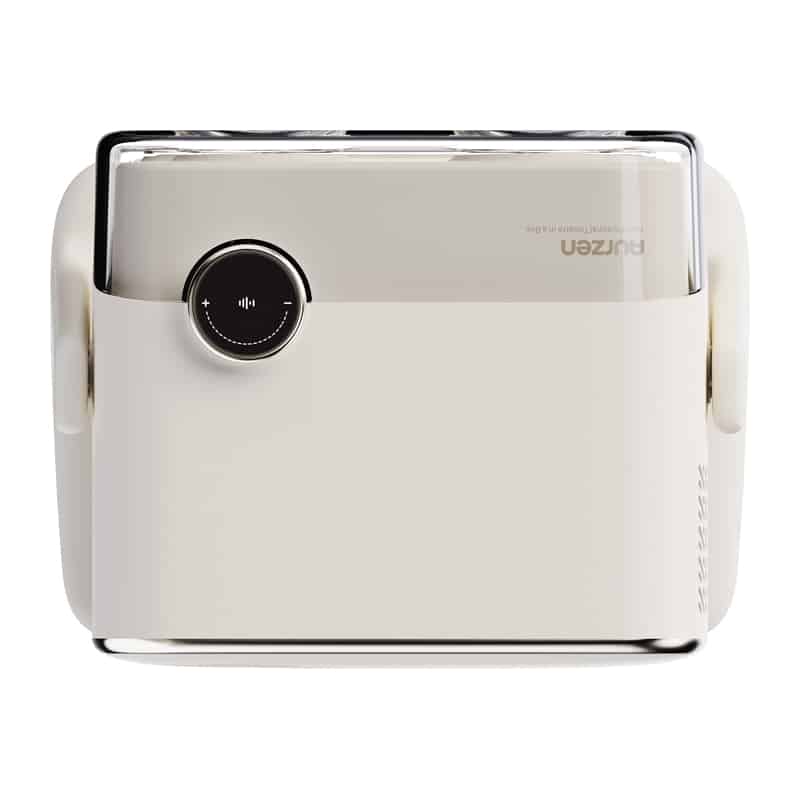 White portable projector facing forward with a large round black control dial on the front left and rounded sides.