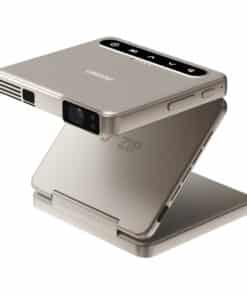 Compact gold mini projector with a built-in stand, showing the front projector lens and top control panel on a foldable device.