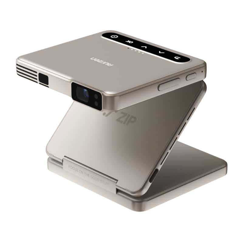 Compact gold mini projector with a built-in stand, showing the front projector lens and top control panel on a foldable device.