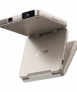 Gold-colored foldable phone projector accessory with a lens on the top and a stand at the base for console-style projection.