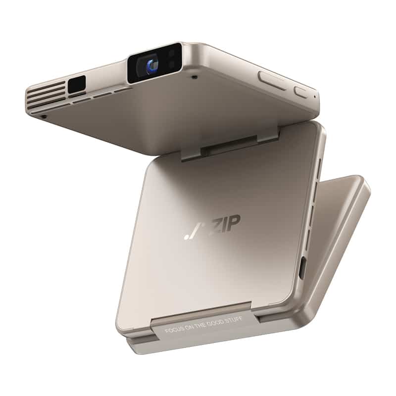 Gold-colored foldable phone projector accessory with a lens on the top and a stand at the base for console-style projection.