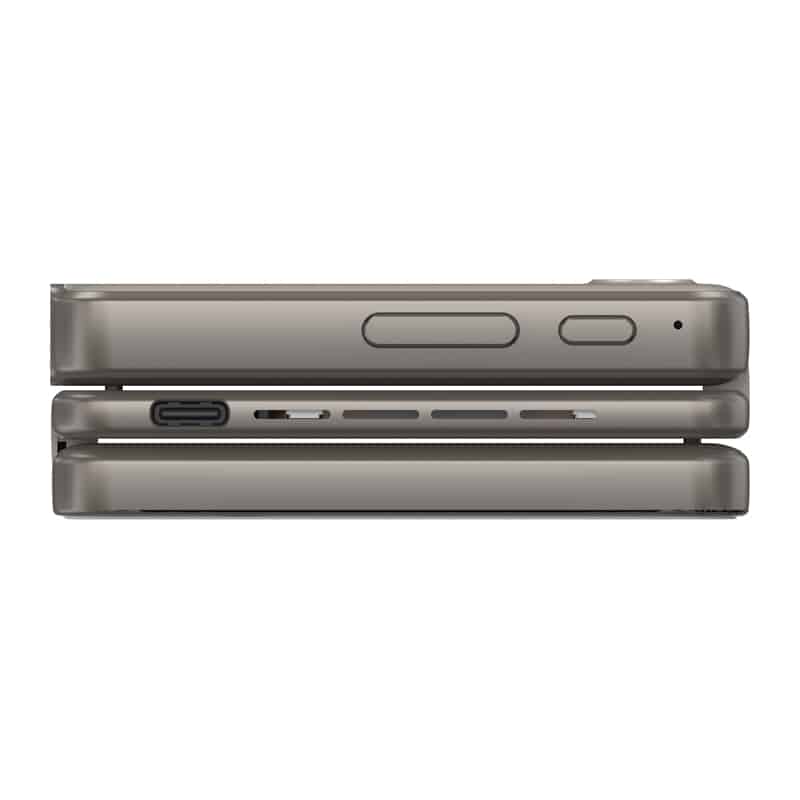Side view of a metallic handheld device with two sections and a USB-C port visible on the side.