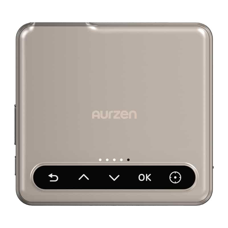 Back view of a beige Aurzen device with a black control bar showing back, up, down arrows and OK button.