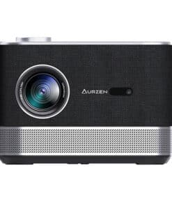 Front view of the Aurzen projector: large lens on the left, black fabric-wrapped body, and a silver perforated base strip beneath.