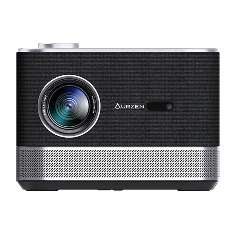 Front view of the Aurzen projector: large lens on the left, black fabric-wrapped body, and a silver perforated base strip beneath.
