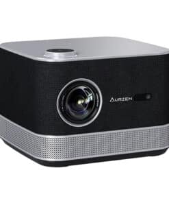 Compact portable projector with a black fabric front, silver top and base, and a prominent lens facing forward (Aurzen).