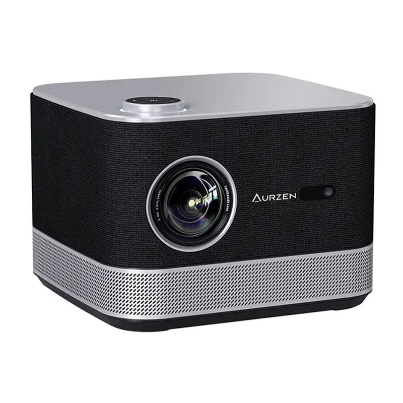 Compact portable projector with a black fabric front, silver top and base, and a prominent lens facing forward (Aurzen).