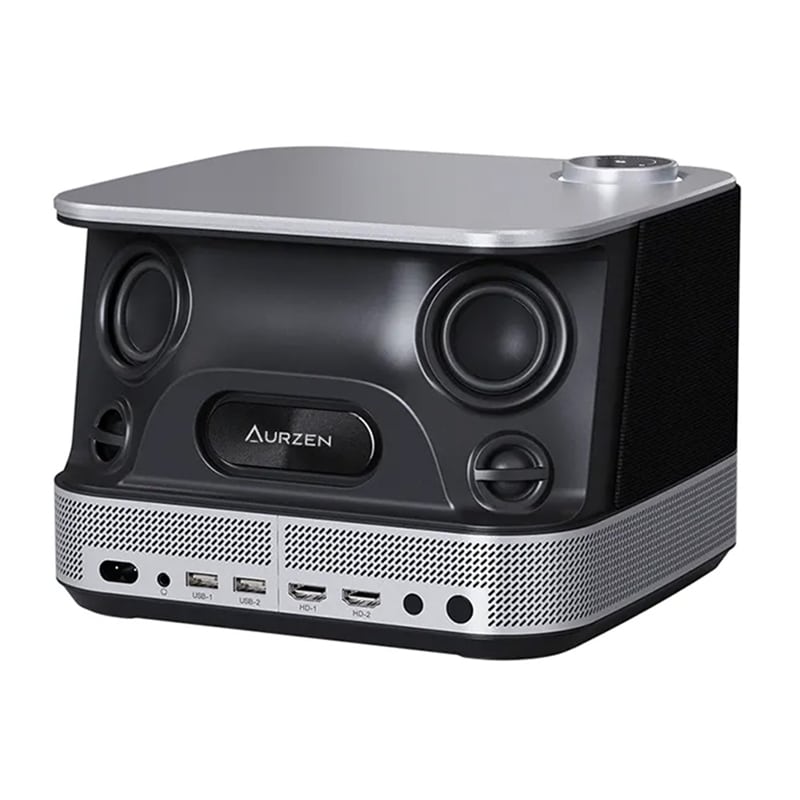 Front view of an Aurzen desktop speaker system with two large drivers, a central logo, and a perforated speaker base showing USB/HDMI ports on the front panel.