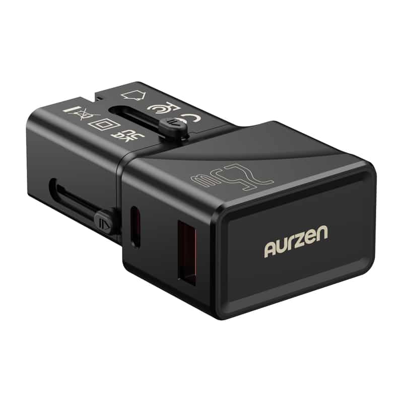 Автомобільна приладова камера Aurzen з бічними прорізами, монтажним затискачем і USB-портом, показаними чорним кольором.