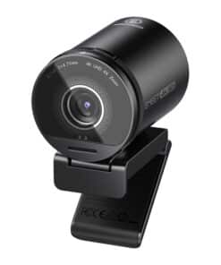 Black 4K webcam on a clip-on mounting stand for desk use