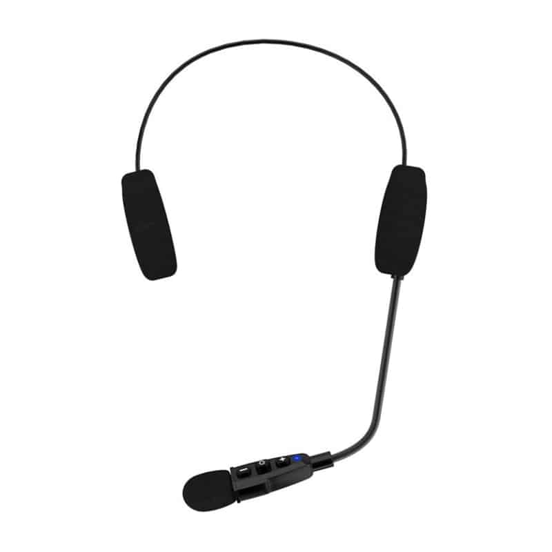 Wired black headset with foam ear cushions, over-the-head band, and attached microphone boom with inline control module