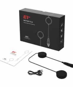 Boxed E1+ motorcycle helmet Bluetooth earphone kit with two round ear speakers, a wired microphone adapter, USB cable, and user manual visible beside the box.