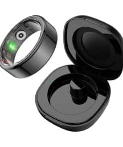 Wireless earbuds with open charging case in glossy black finish for charging storage and playback functionality.