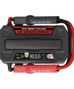 Portable car jump starter with red/black clamp cables and a digital display, ready to jump-start a vehicle