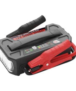 Portable car jump starter with red/black clamps, built-in flashlight, and digital display