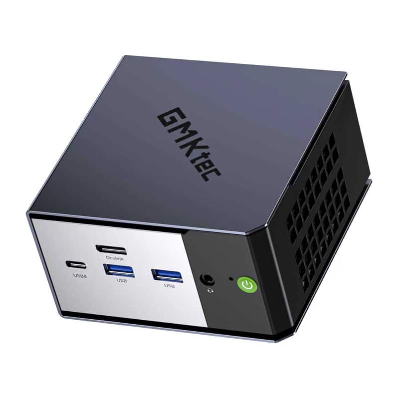 Kompaktne miniarvuti eesmiste USB-C ja USB-A portidega ning rohelise toitenupuga esipaneelil