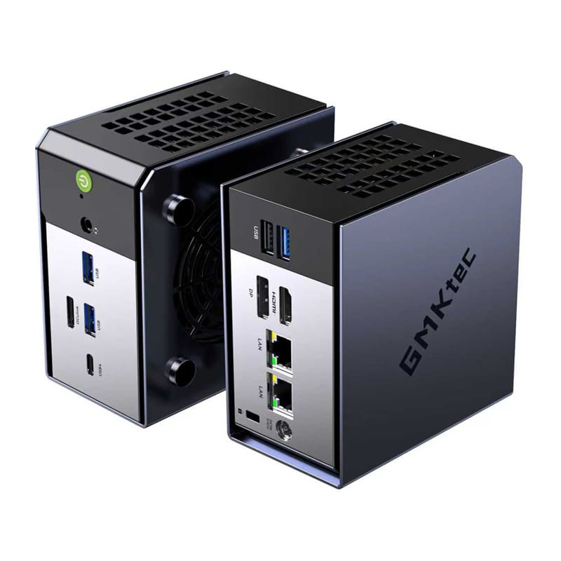 Two black mini network/storage devices with ventilation on top and multiple USB and Ethernet ports visible on the sides and back.
