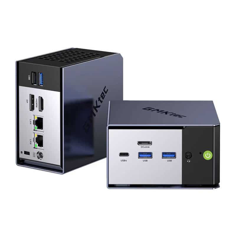 Two compact desktop mini computers with front USB ports and Ethernet jacks on a silver-gray panel.",