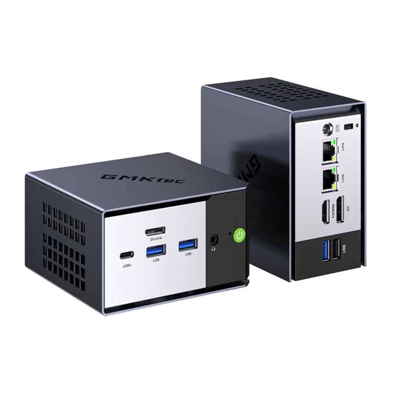 Two compact mini desktop PCs with silver front panels showing multiple USB ports, HDMI, Ethernet, and a green power button.
