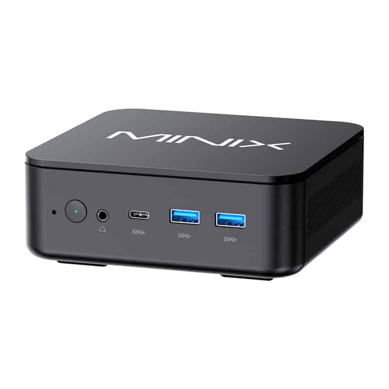 MINIX miniarvuti esipaneeliga: toitenupp, helipistik, USB-C ja kaks USB 3.0 porti; logo ülemisel paneelil