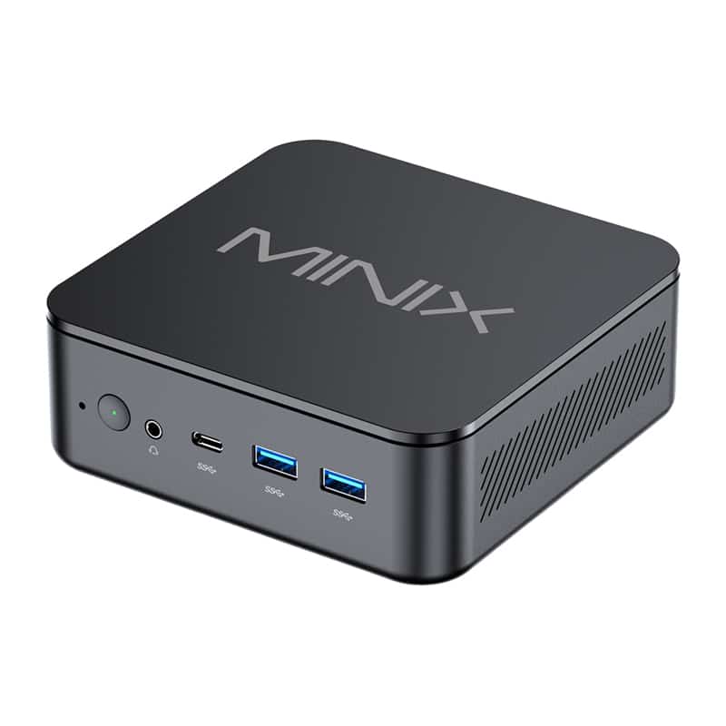 Kompaktne must miniarvuti MINIX logoga, esipaneelil on toitenupp, kõrvaklappide pesa, USB-C, kaks USB 3.0 porti ja külgventilatsioon.