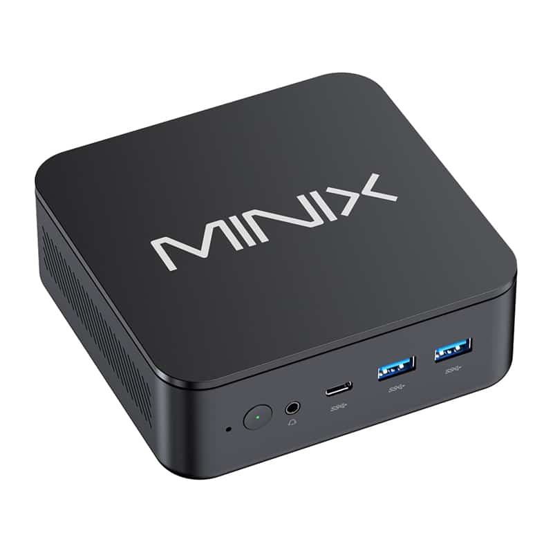 Kompaktne must MINIX mini PC kolme USB 3.0 pordi ja helipistikuga esipaneelil, logo pealt nähtav.