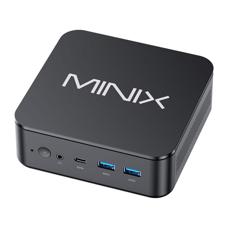 Kompaktne must MINIX miniarvuti esipaneeliga, millel on näha toitenupp, 3,5 mm pesa, USB-C port ja kaks USB-A 3.0 porti