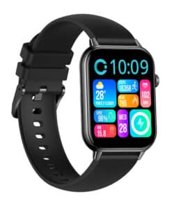 Black smartwatch with a silicone strap and a colorful app grid on the screen, angled to the side.
