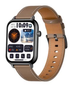 Smartwatch with tan leather band and rounded display showing time, date, weather and fitness stats like heart rate and steps.
