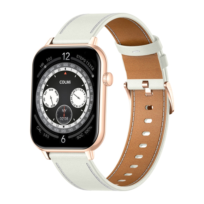 Rose-gold smartwatch with a white leather strap and a black multi-dial watch face showing time and world zones.