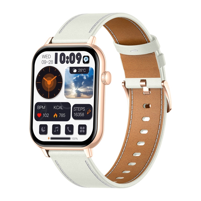 Rose-gold smart watch with white leather band, showing time, weather, and health stats on its display.