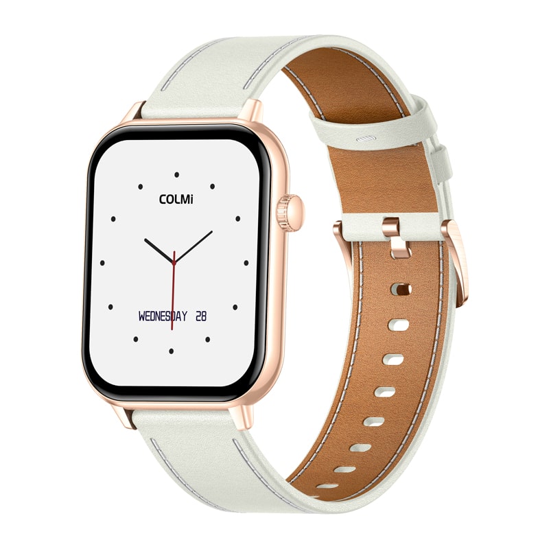Rose-gold smartwatch with a white leather strap, displaying time and date on its screen.