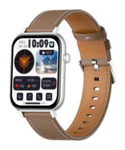 Apple Watch-style smartwatch with a brown leather band, displaying time, weather, and activity widgets on a square screen as a product image.