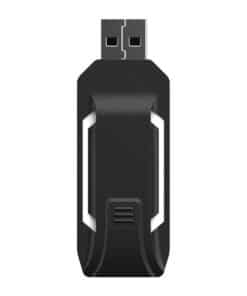 Black USB flash drive with a silver USB-A connector, shown from the top.
