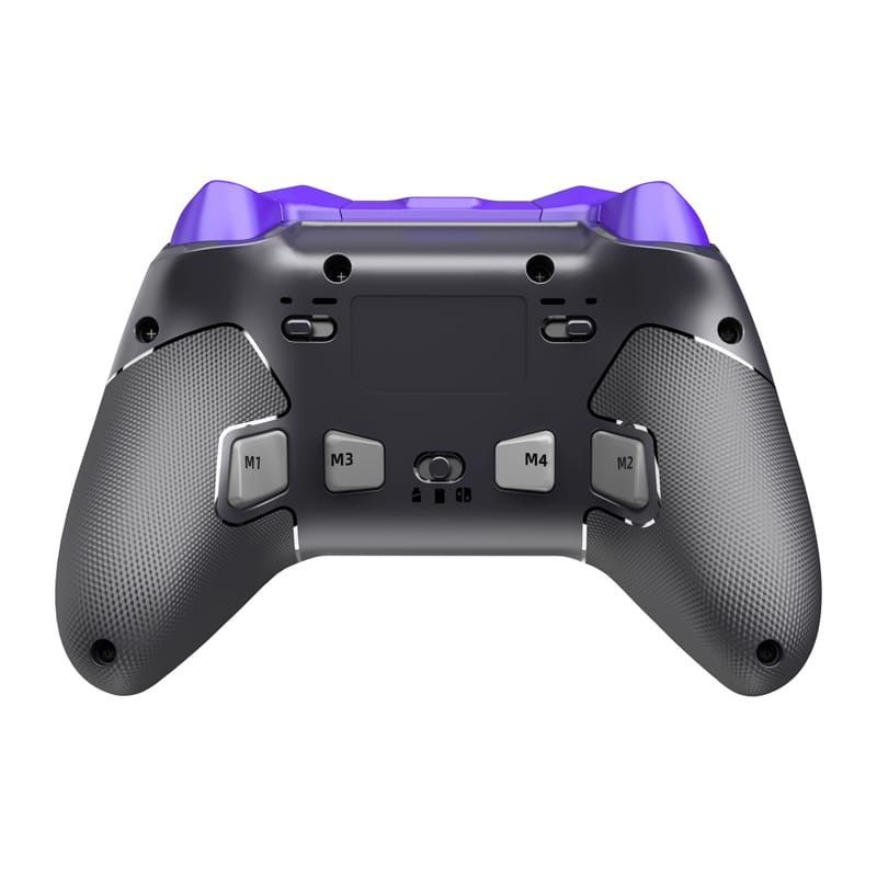 Back view of a gray game controller with purple grips and four rear programmable buttons labeled M1, M2, M3, and M4.
