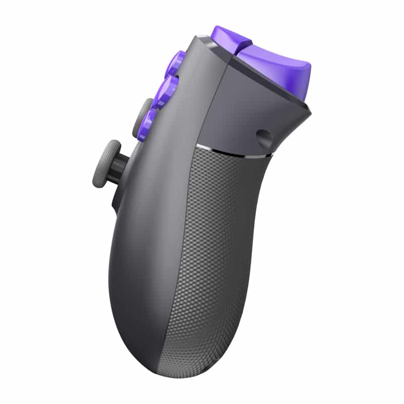 Ergonomic handheld controller with purple buttons and textured grip
