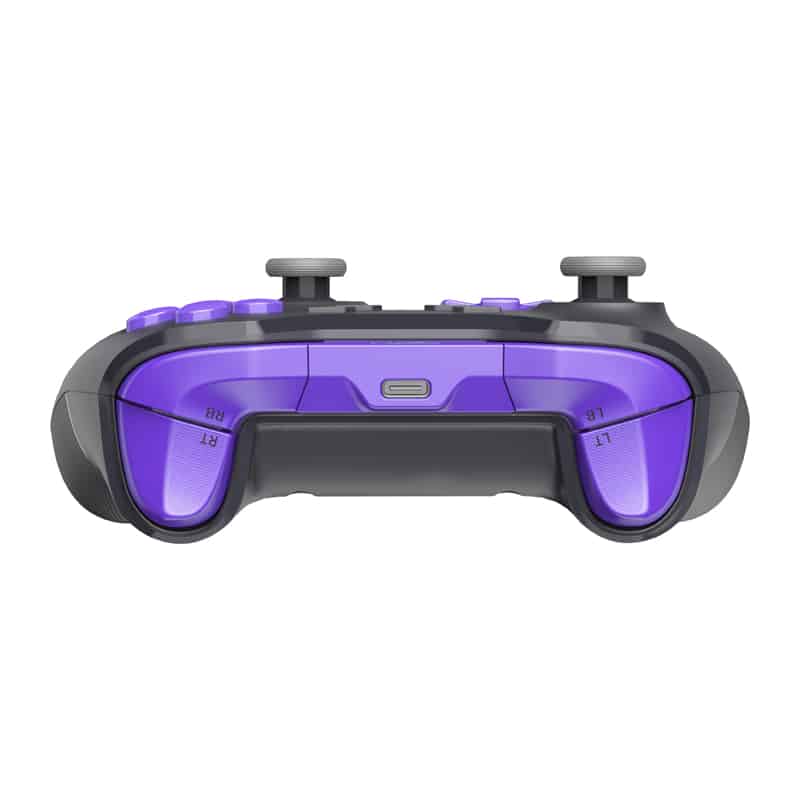 Back view of a purple game controller with two gray analog sticks, ergonomic grips, and shoulder buttons visible; a USB-C charging port is centered on the top edge.