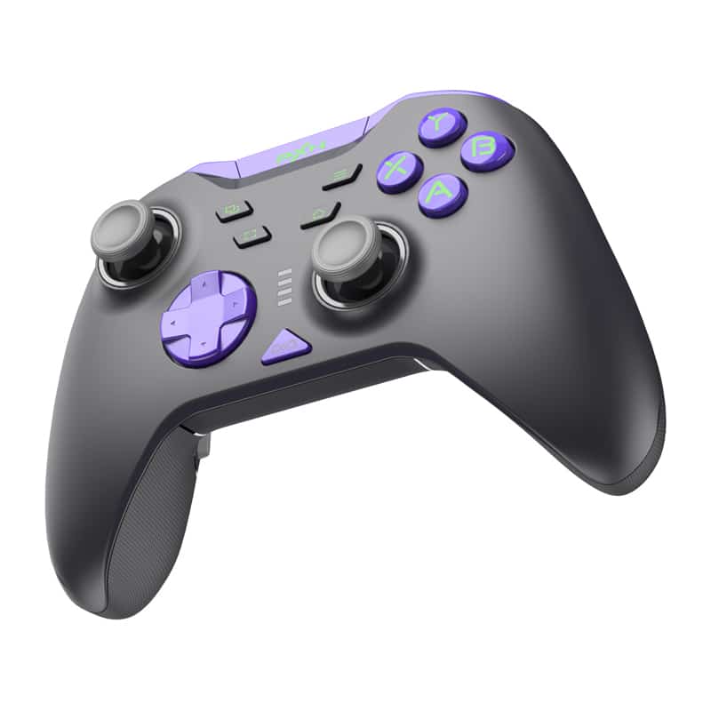 Gray game controller with purple action buttons (A, B, X, Y) and purple analog sticks, angled view.